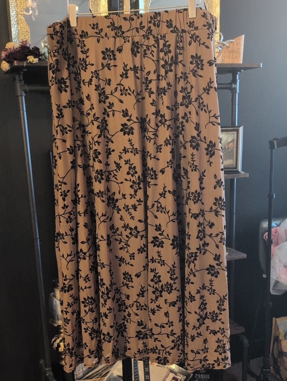 Brown Floral Maxi Skirt with Black Velvet Print